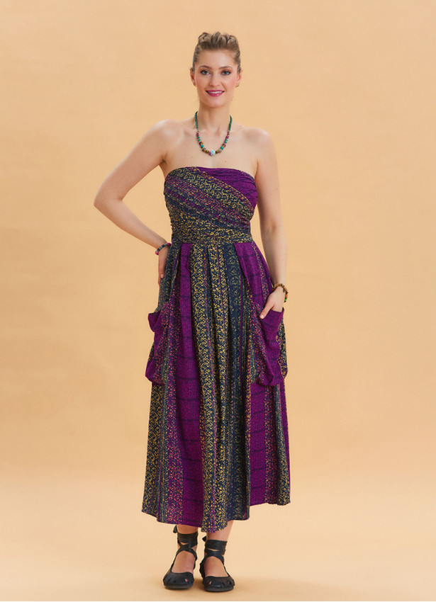 Strapless Chest Pocket Detailed Patterned Purple Flared Dress 4458